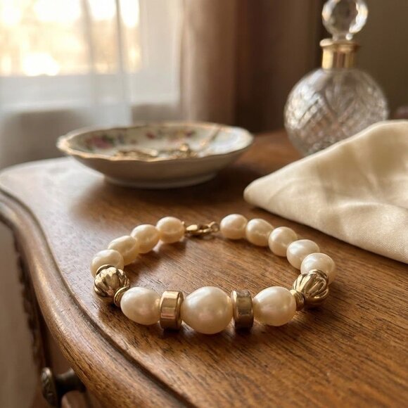 Vintage Trifari Faux Pearl & Gold-Tone Beaded Bracelet With Lobster Clasp 7" Ele - Picture 3 of 11